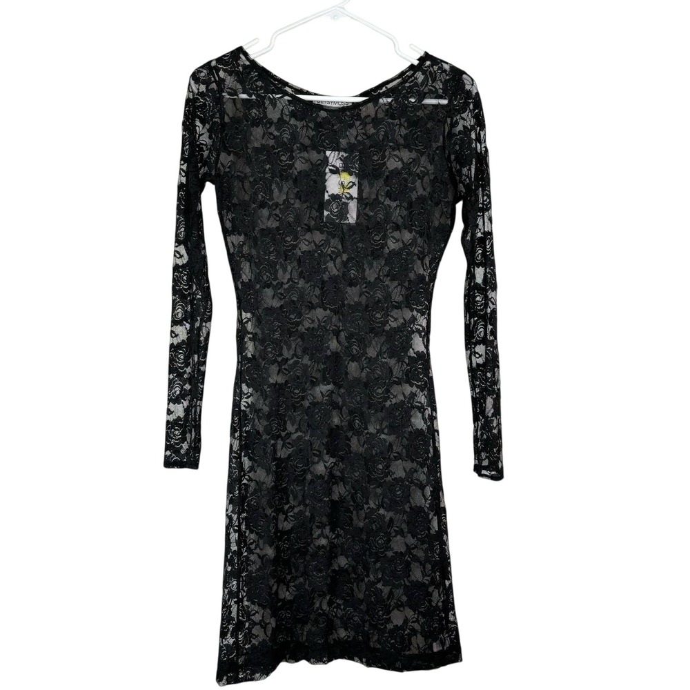 Betsy Moss Lace Mini Dress Women XS Black Silk Sheer Floral Whimsigoth Glam Sexy